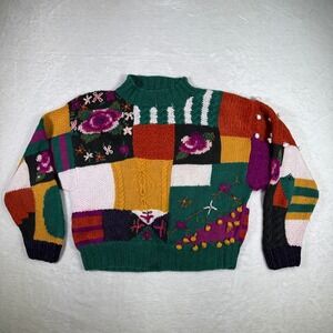 Vintage Jennifer Reed Patchwork Floral Embroidered Mock Neck Sweater Size M